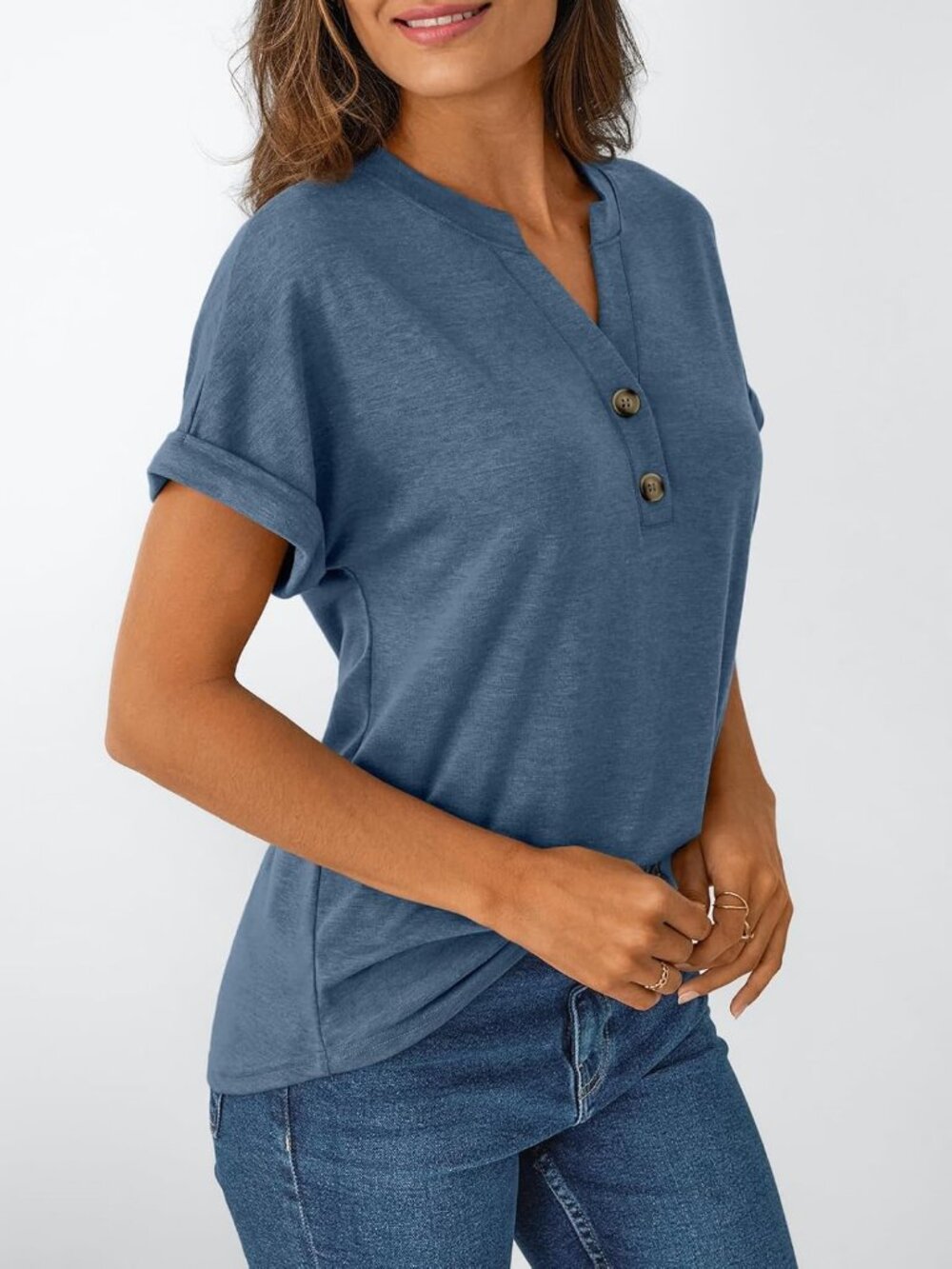 Women's Blue Summer Short Sleeve V Neck Button Up Casual Fashion Trendy T-Shirts - Picture 3 of 6